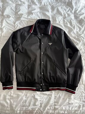 Prada Black Nylon Bomber Jacket with Red & White Trim